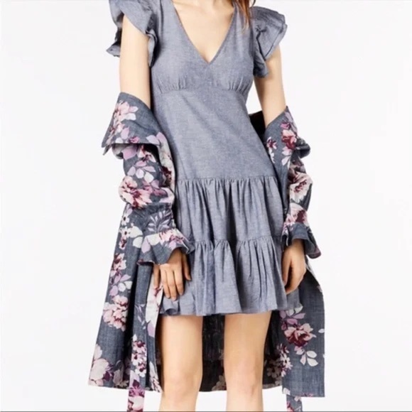 Jill Stuart blue denim chambray flutter sleeve ruffle tiered short dress - Picture 2 of 7